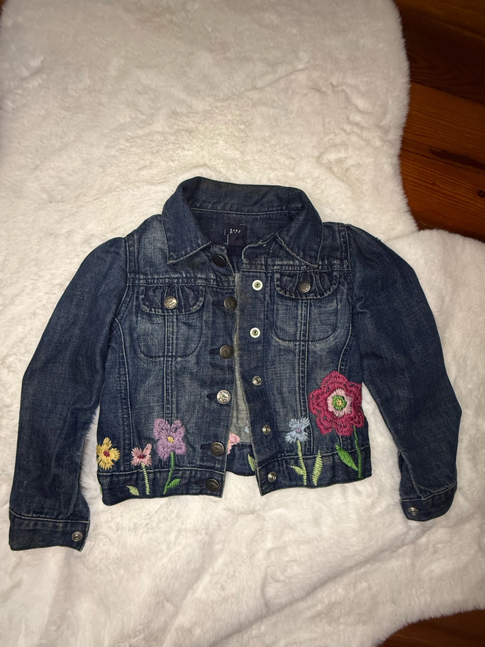 GAP Dark Blue Denim Jacket with Multicolor Floral Embroidery (Sz 4)
